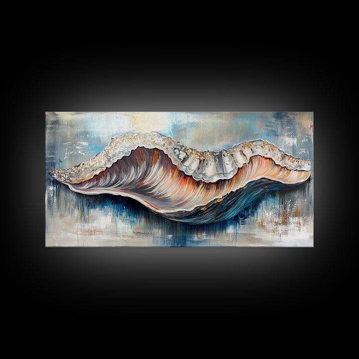Oyster Shell, coastal painting, framed canvas print, nautical decor, oyster wall art, blue and green wall art, extra wide art