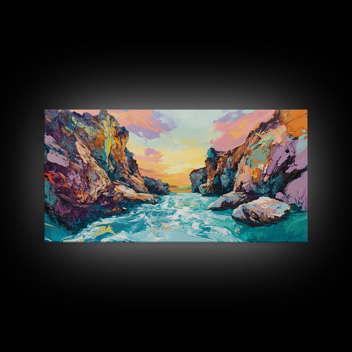 Coastal Canyon Sunset, panoramic painting, extra wide art, framed canvas print, seascape painting, southwest wall art