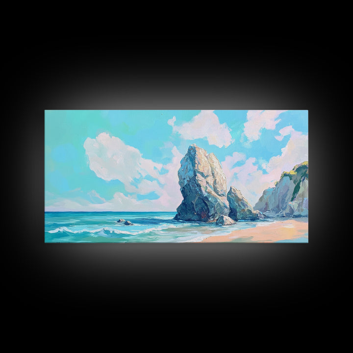 Coastal Rock Formations, beach painting, framed canvas print, coastal wall art, nautical decor, seascape painting, extra wide art