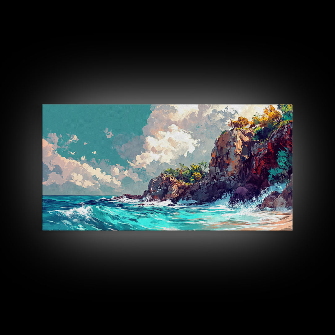 Rocky Cliff Beach, coastal landscape art, framed canvas print, seascape painting, nautical decor, extra wide art, above couch art