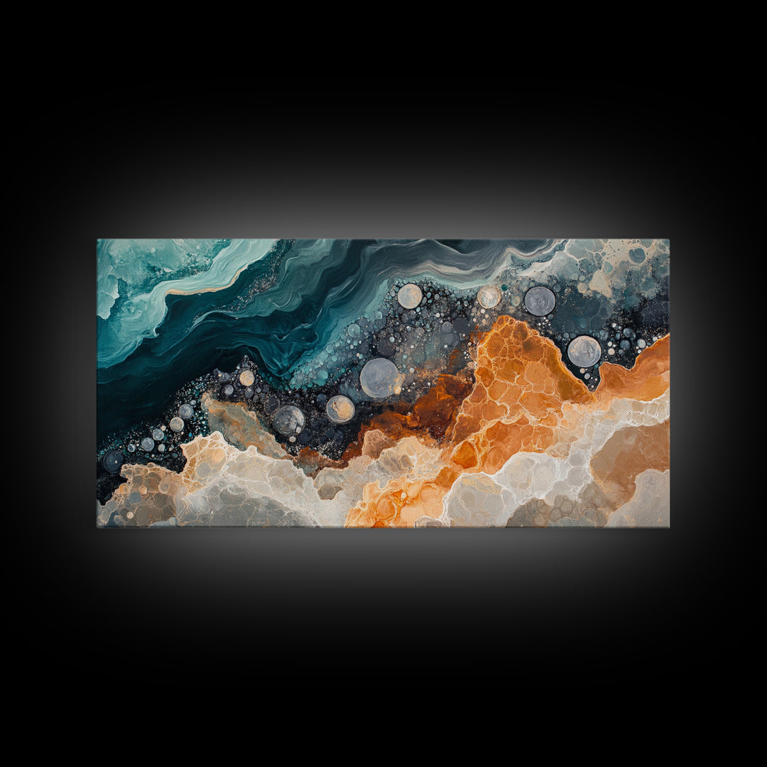 Abstract Coastal Geology, framed canvas print, extra wide art, mosaic wall art, ocean decor, oyster painting, coastal decor