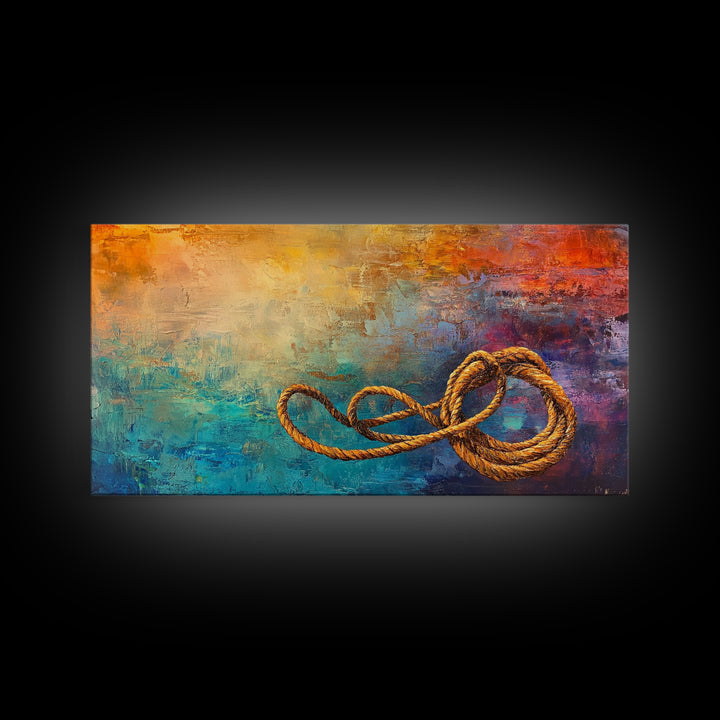 Abstract Rope, warm tones, infinity knot, rustic decor, textured art, extra wide art, Framed Canvas Print, nautical painting