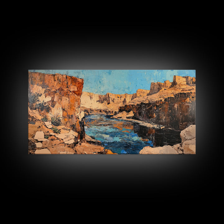 Canyon River, southwest landscape, desert cliffs, textured painting, extra wide art, panoramic art, Framed Canvas Print, rustic decor