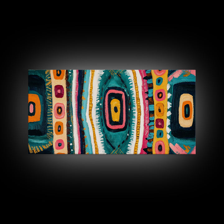 Geometric Abstract, bold colors, sacred geometry art, tribal design, vibrant patterns, extra wide art, Framed Canvas Print, boho art