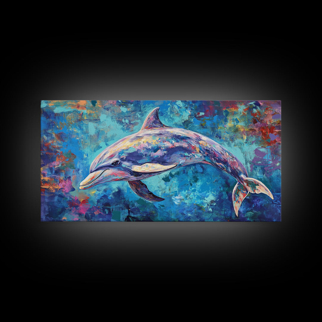 Dolphin Painting, blue and green wall art, coastal decor, nautical painting, framed canvas print, whimsical art, ocean wall art