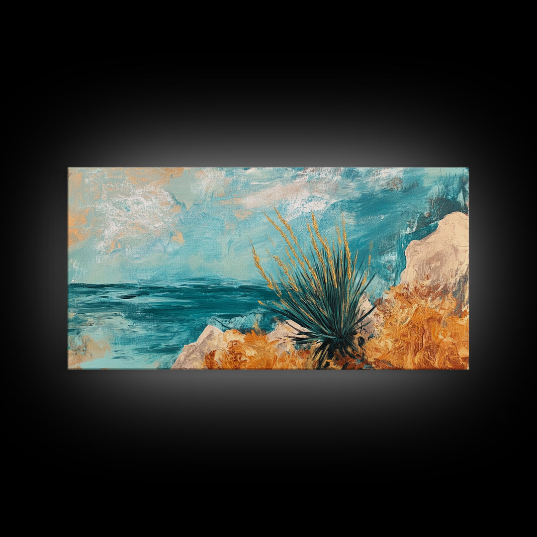 Coastal Desert Painting, agave painting, southwest wall art, Joshua tree art, coastal landscape art, Framed Canvas Print