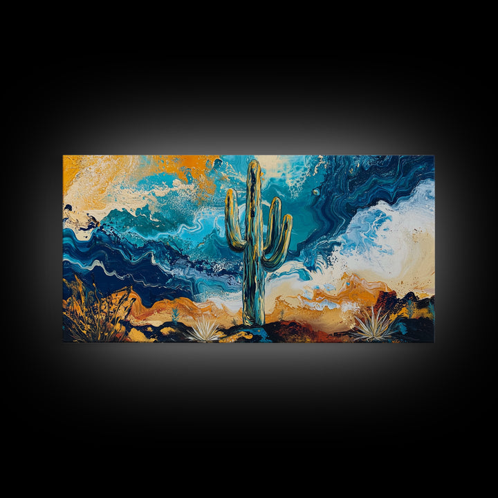 Cactus Desert Art, southwest wall art, Joshua tree art, moody art, rustic decor, extra wide art, panoramic art, Framed Canvas Print