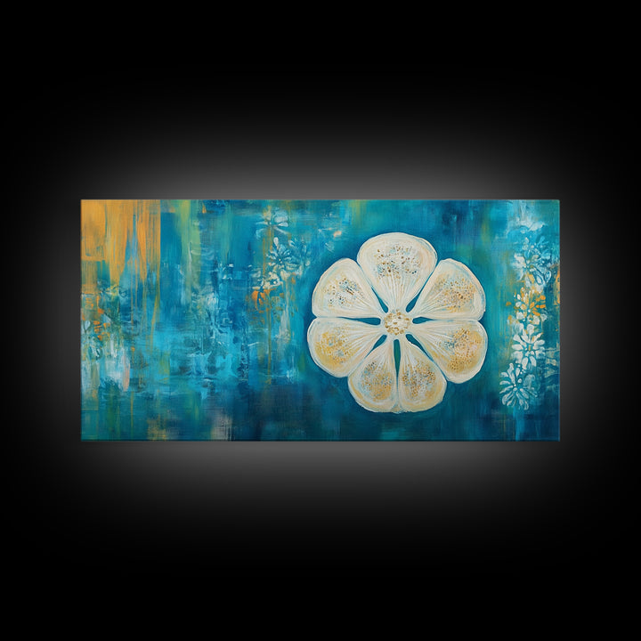 Abstract Floral, Botanical Prints, Coastal Landscape Art, Wabi Sabi Art, Framed Canvas Print, Extra Wide Art, Blue and Gold Wall Art