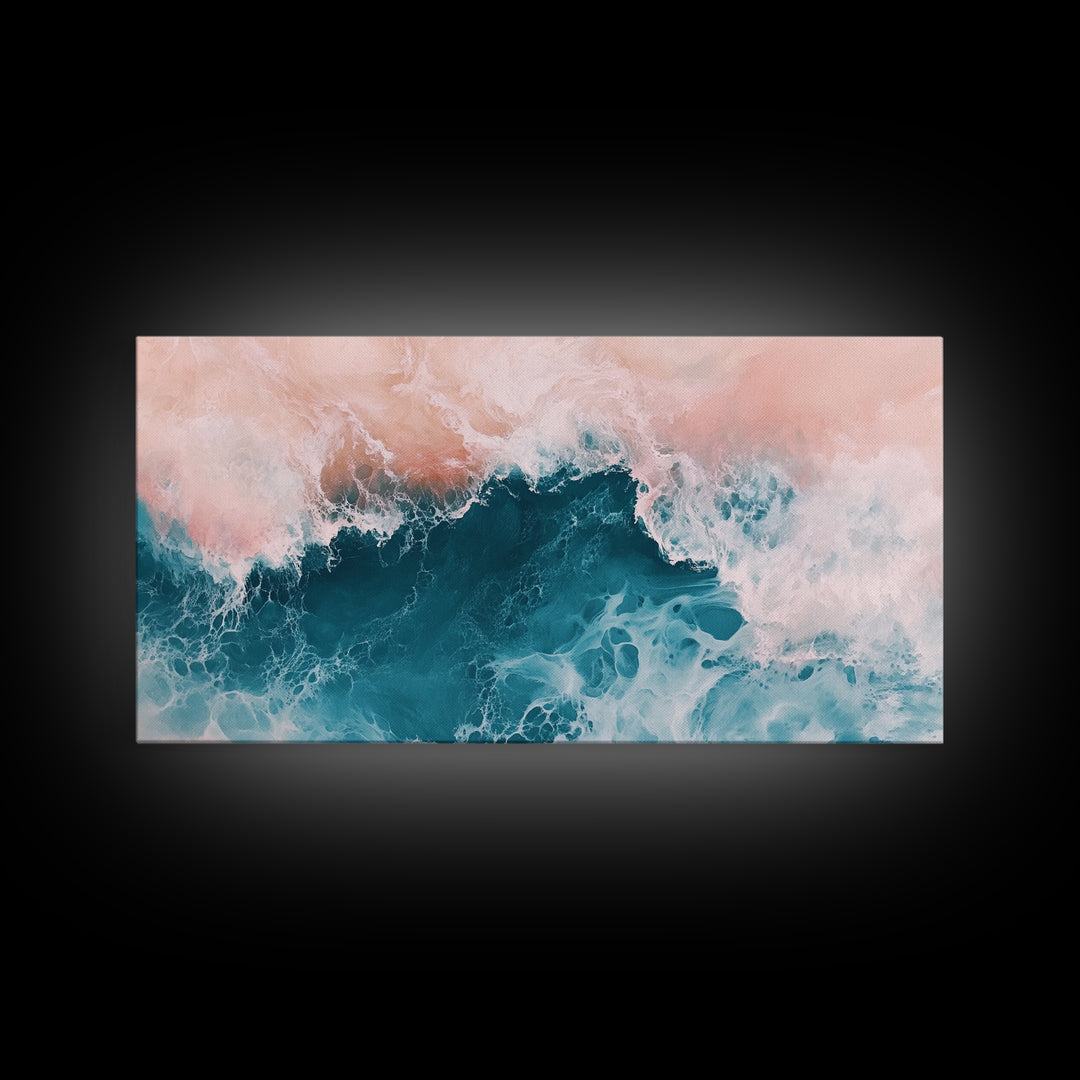 Abstract Ocean, Coastal Landscape Art, Nautical Wall Art, Framed Canvas Print, Teal and Pink Art, Surf Inspired Artwork