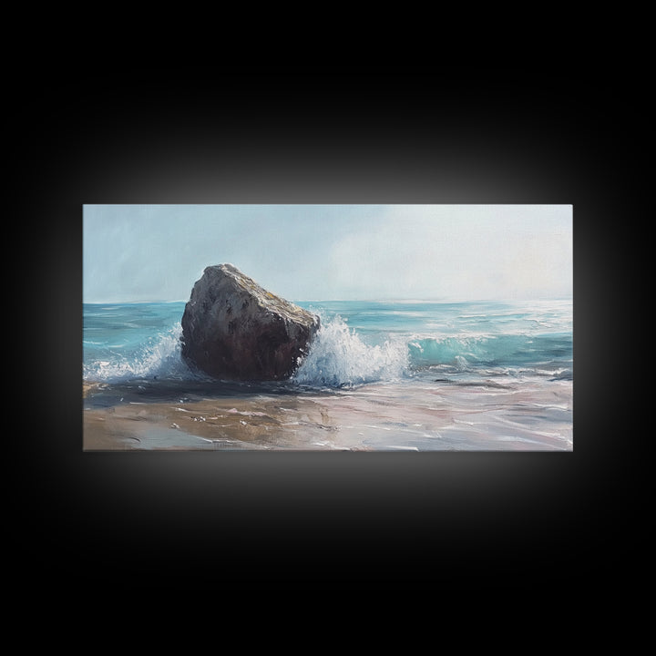Ocean Rock Painting, seascape painting, coastal decor, nautical wall art, above bed wall art, horizontal art, canvas print
