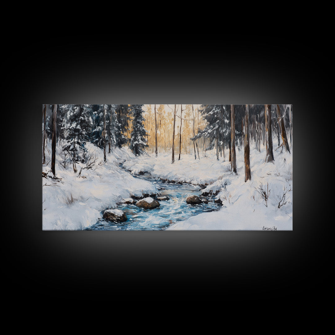 Birch Tree Painting, Snowy River Art, Winter Landscape, Framed Canvas Print, Farmhouse Art, Wabi Sabi Art, Tall Narrow Art
