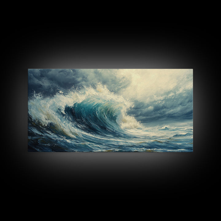 Ocean Wave, Stormy Sea, Coastal Art, Seascape Painting, Nautical Decor, Extra Wide Art, Framed Canvas Print, Living Room Art