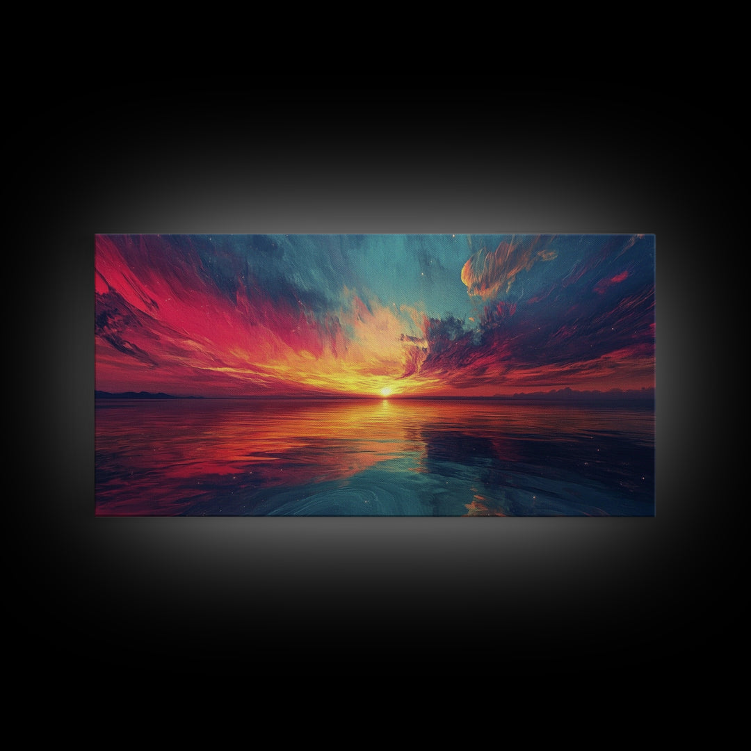 Cosmic Sunset, Dark Romance, Lofi Art, Moody Wall Art, Extra Wide Art, Above Couch Art, Framed Canvas Print, Bedroom Decor