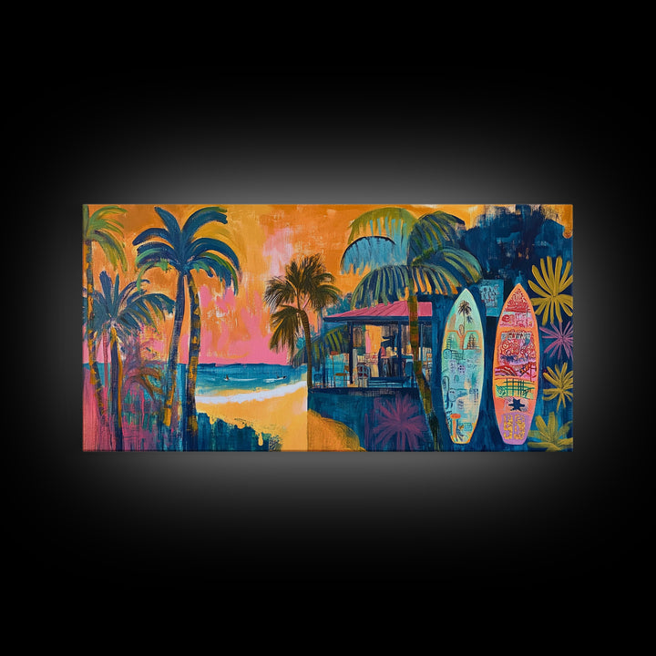 Beach Bar, palm tree painting, surf wall art, coastal decor, nautical wall art, tropical art, above couch art, Canvas Print