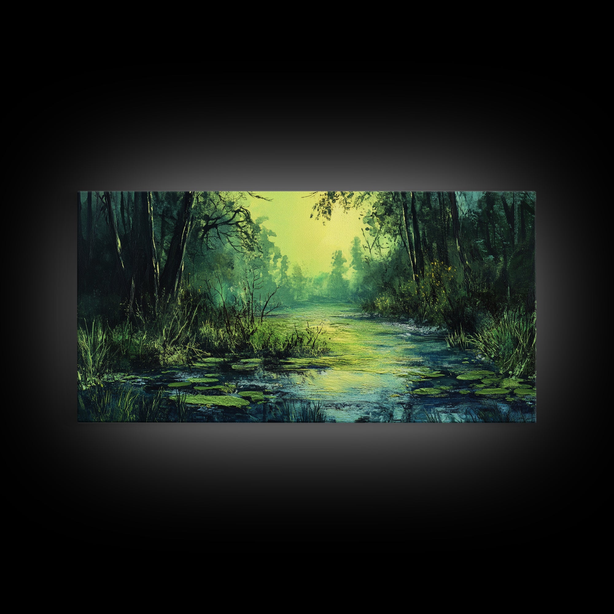 Forest Lagoon, green wall art, nature landscape painting, botanical prints, wabi sabi art, extra wide art, Framed Canvas Print