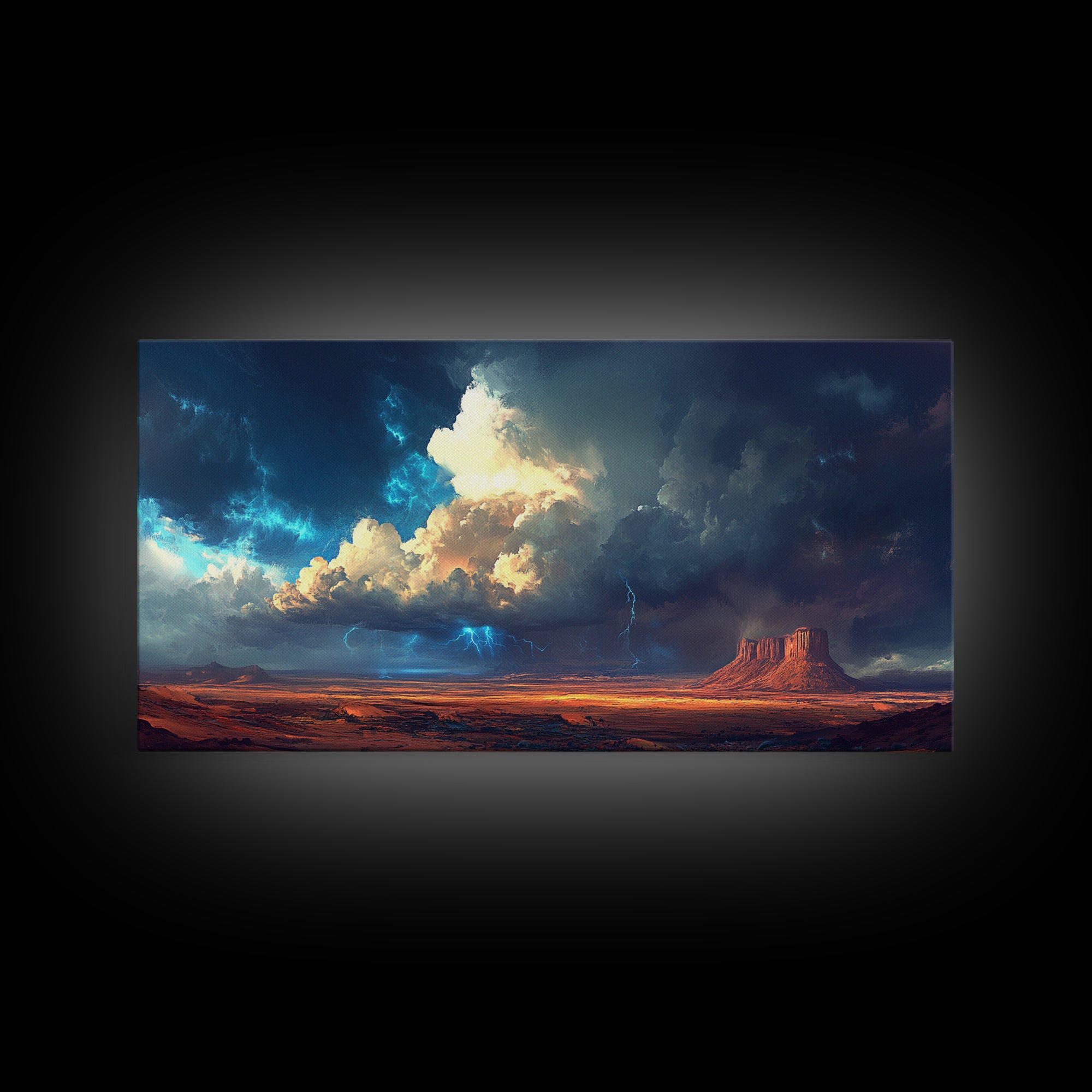 Southwest storm, desert lightning, panoramic art, framed canvas print, mountain painting, extra wide art, dramatic wall art