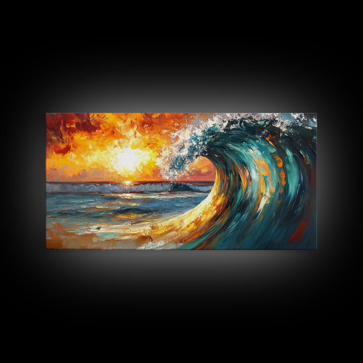 Ocean wave, sunset surf, seascape painting, framed canvas print, surf wall art, nautical painting, coastal decor