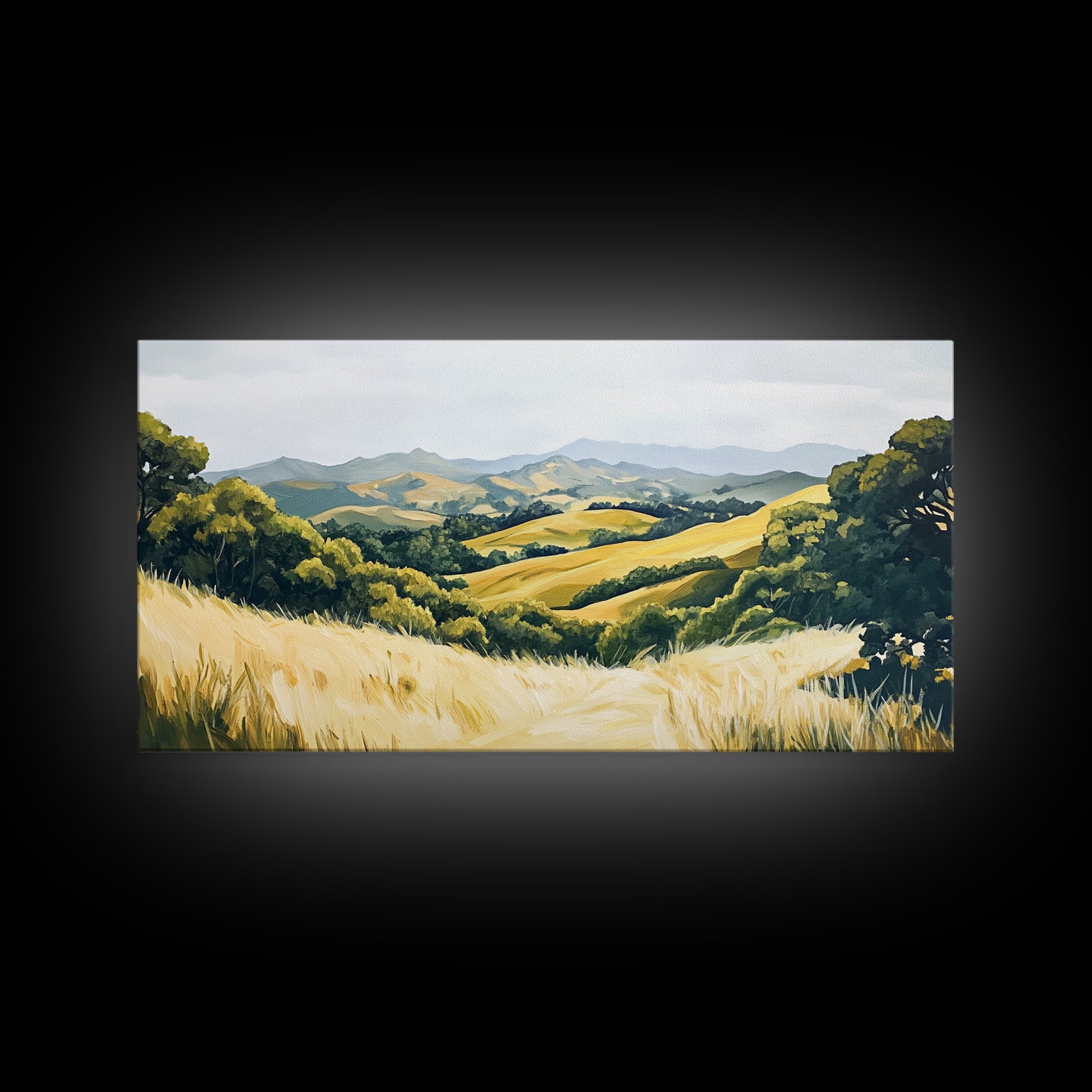 Rolling hills, countryside landscape, panoramic art, framed canvas print, rustic wall art, farmhouse art, sage green wall art