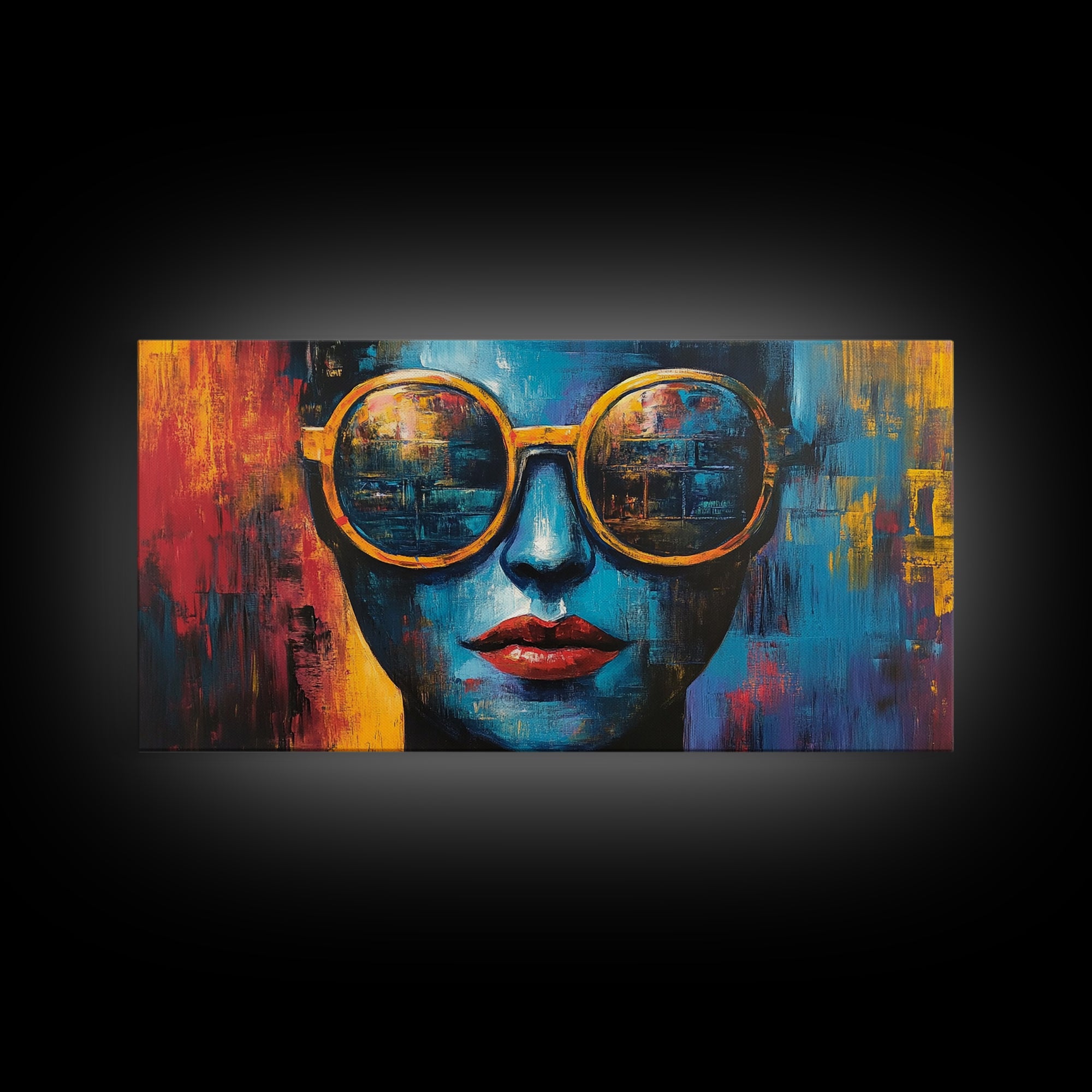 Bold Sunglasses Portrait, graffiti wall art, moody art, chicano art, abstract portrait, pop art decor, gift idea her, Canvas Print