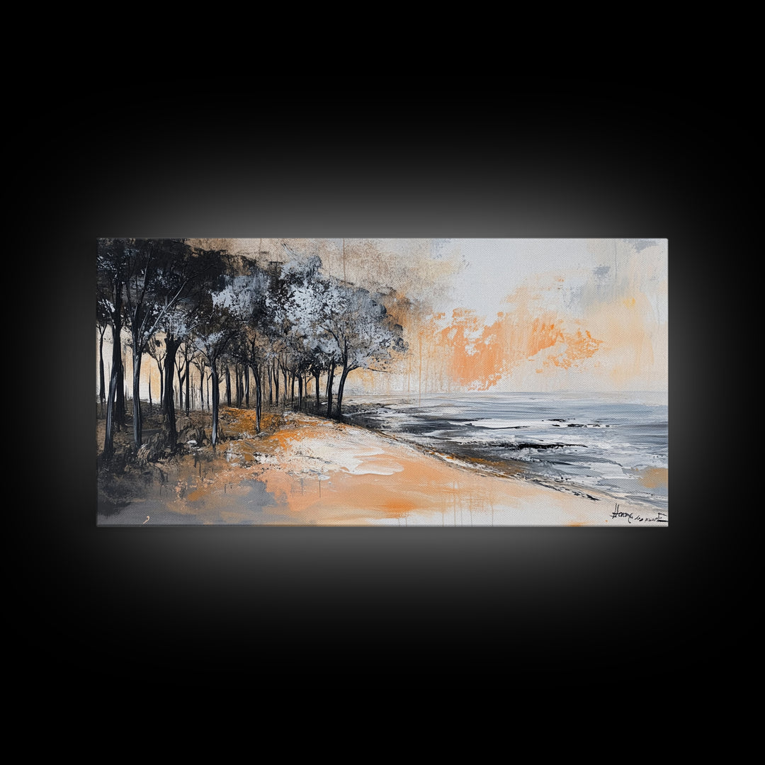Coastal Landscape, Framed Canvas Print, beach painting, ocean wall art, panoramic painting, extra wide art, above sofa art