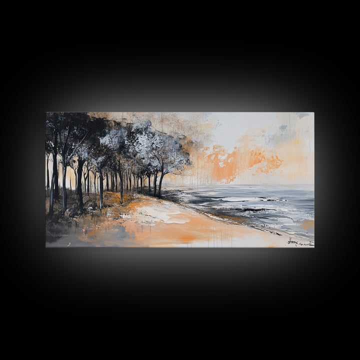 Coastal Landscape, Framed Canvas Print, beach painting, ocean wall art, panoramic painting, extra wide art, above sofa art