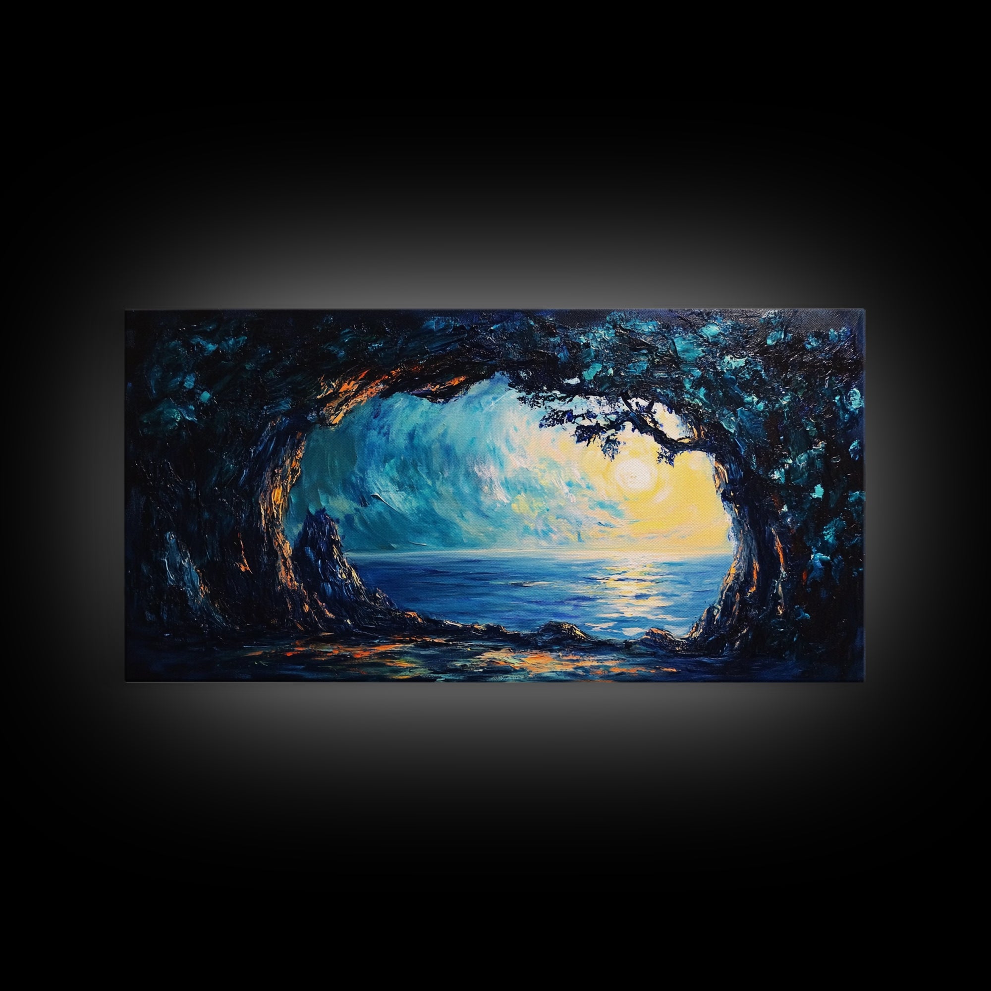 Ocean Cave, Framed Canvas Print, nautical wall art, coastal painting, extra wide painting, seascape painting, panoramic wall art