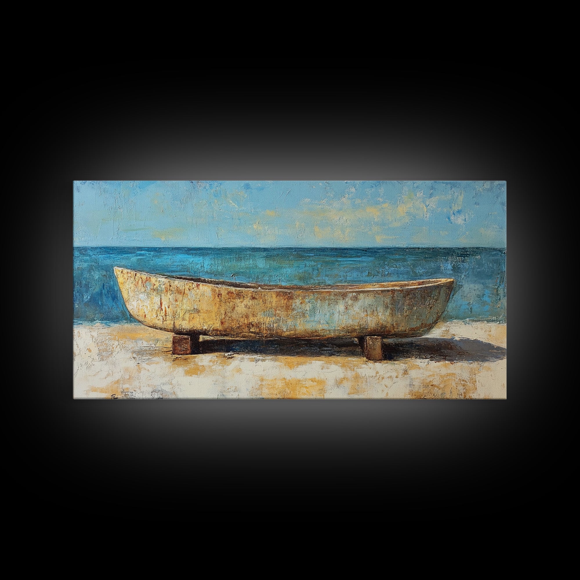 Rustic Boat, Framed Canvas Print, coastal wall art, nautical decor, rustic art, extra wide painting, panoramic painting