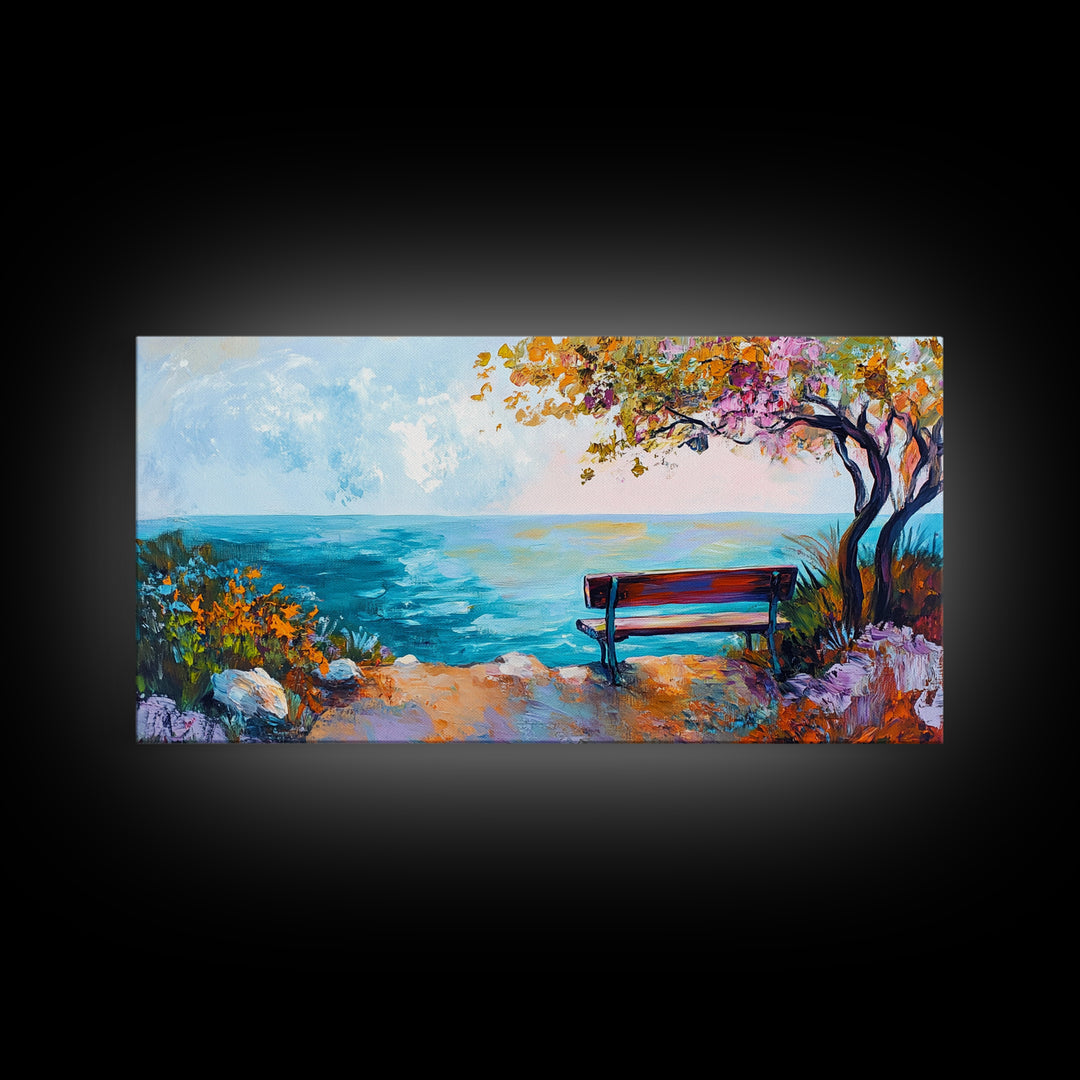 Bench, ocean view, autumn tree, Canvas Print, coastal landscape art, seascape painting, above bed wall art, extra wide art