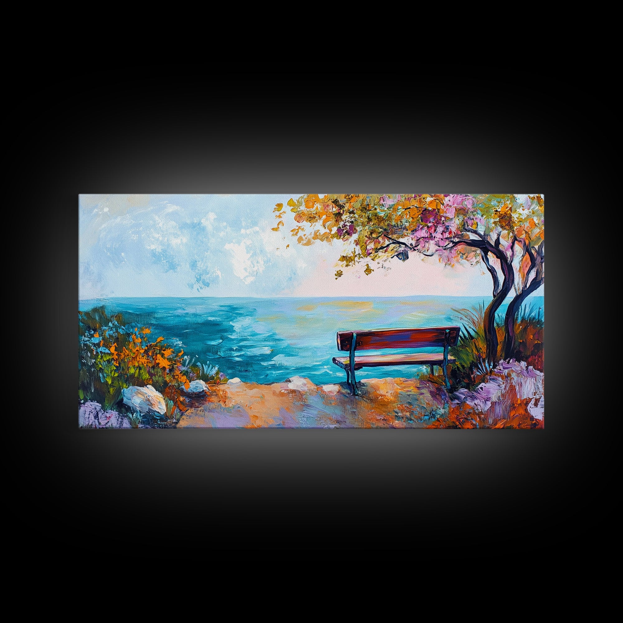 Bench, ocean view, autumn tree, Canvas Print, coastal landscape art, seascape painting, above bed wall art, extra wide art