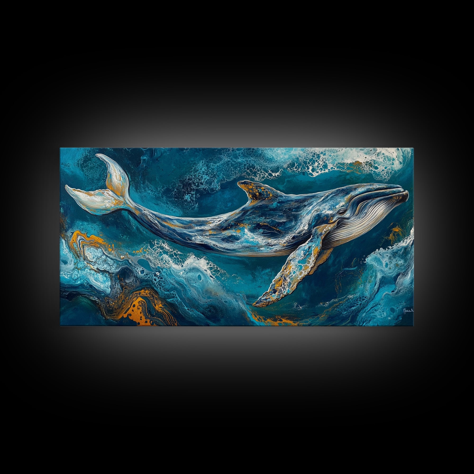 Blue whale, ocean waves, Canvas Print, whale painting, nautical decor, coastal wall art, seascape painting, extra wide art