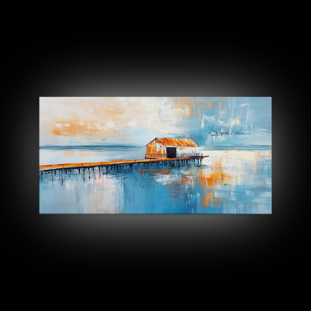 Dock, rustic barn, reflection, Canvas Print, barn landscape oil painting, coastal decor, nautical painting, panoramic art