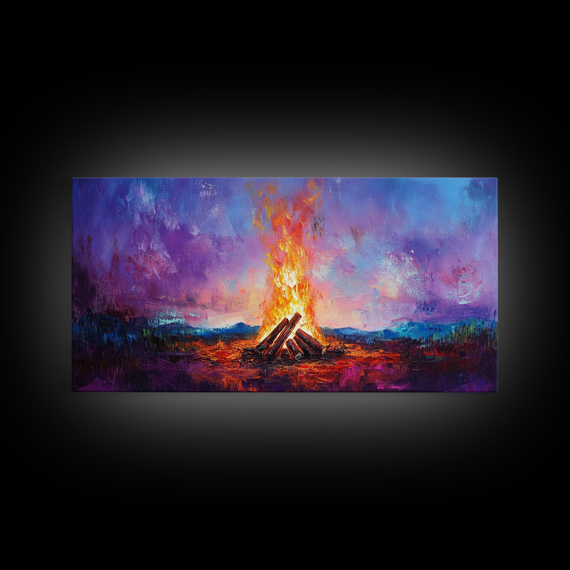Campfire painting, rustic decor, boho art, mountain painting, cozy fire, scenic landscape, extra wide art, framed canvas print, warm glow
