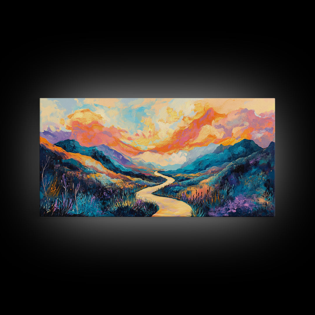 Abstract Landscape, Vibrant Sunset, Mountain Painting, Canvas Print, Extra Wide Art, Panoramic Art, Bedroom Art, Above Sofa Art