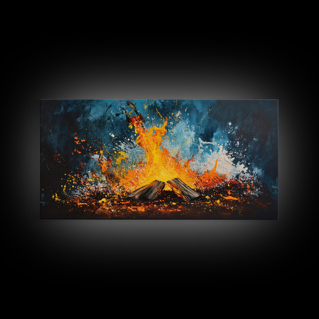 Abstract fire, moody art, geometric wall art, boho decor, flame painting, rustic wall art, extra wide art, framed canvas print, teal wall art