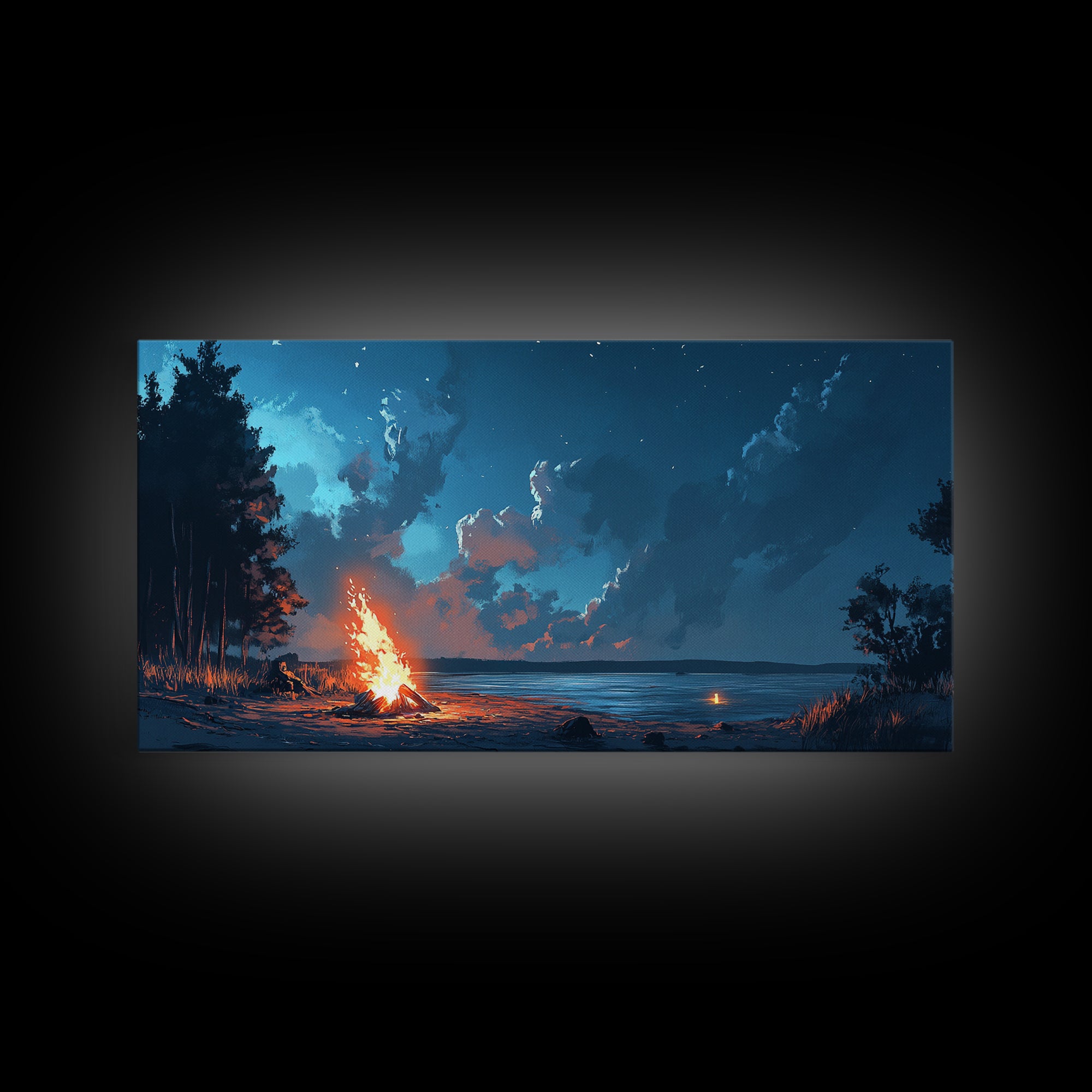 Campfire by lake, coastal decor, nautical wall art, scenic night, moody painting, extra wide art, panoramic art, canvas print, above sofa art