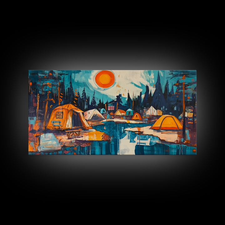 Camping painting, rustic wall art, pine tree art, mountain painting, nature lovers, warm glow, framed canvas print, wabi sabi art, moody art