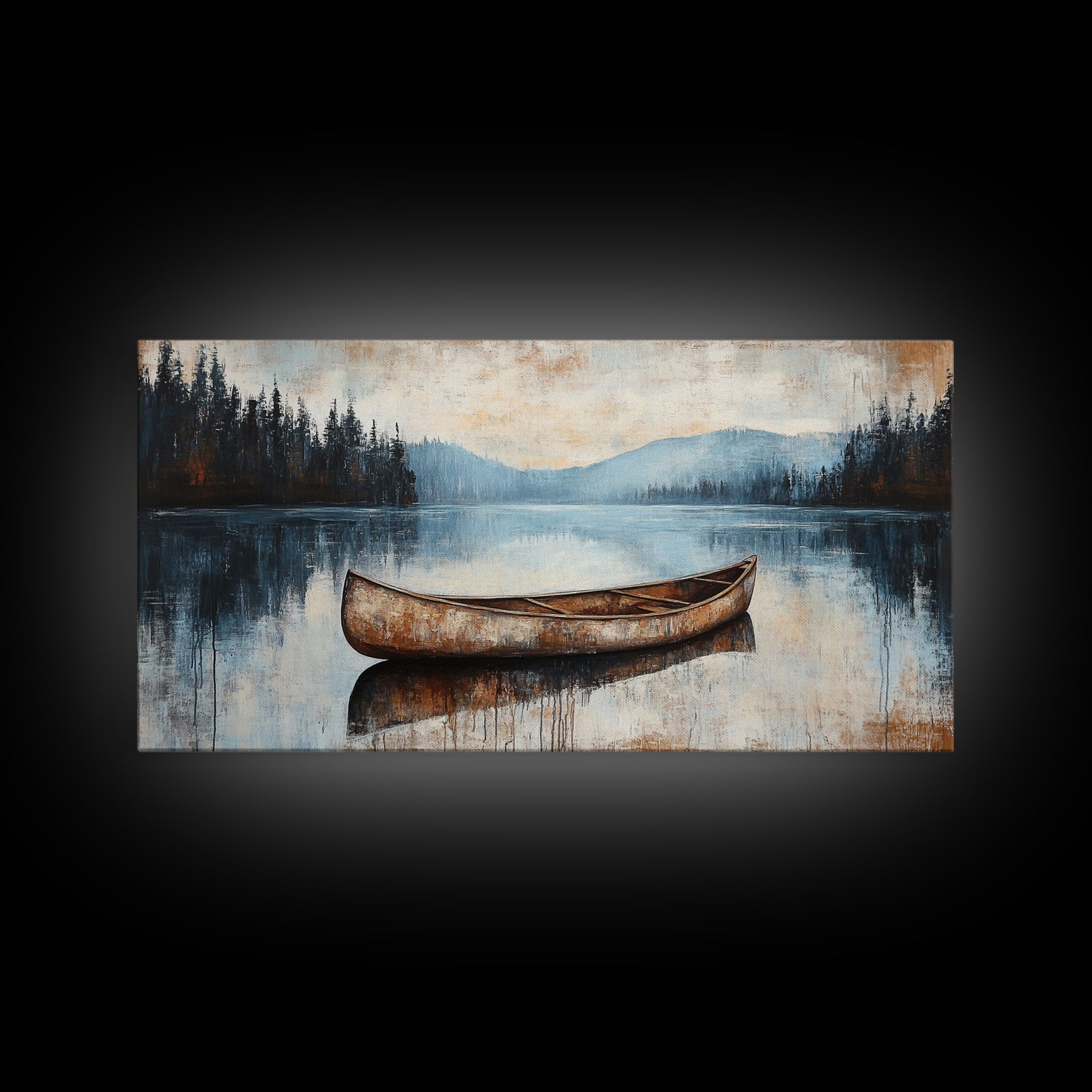 Canoe painting, lake decor, mountain painting, rustic wall art, serene landscape, farmhouse art, extra wide art, framed canvas print, nautical