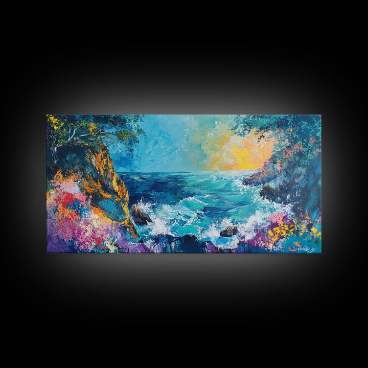 Coastal Cliff, vibrant ocean painting, surf wall art, Hawaii art, seascape painting, colorful beach art, Framed Canvas Print, extra wide art