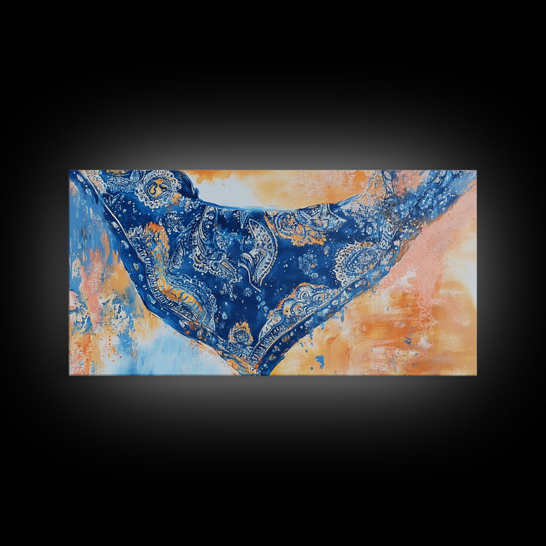 Bandana Print, Blue Wall Art, Vintage Art, Southwestern Art, Chinoiserie Wall Art, Extra Wide Art, Framed Canvas Print, Above Couch Art