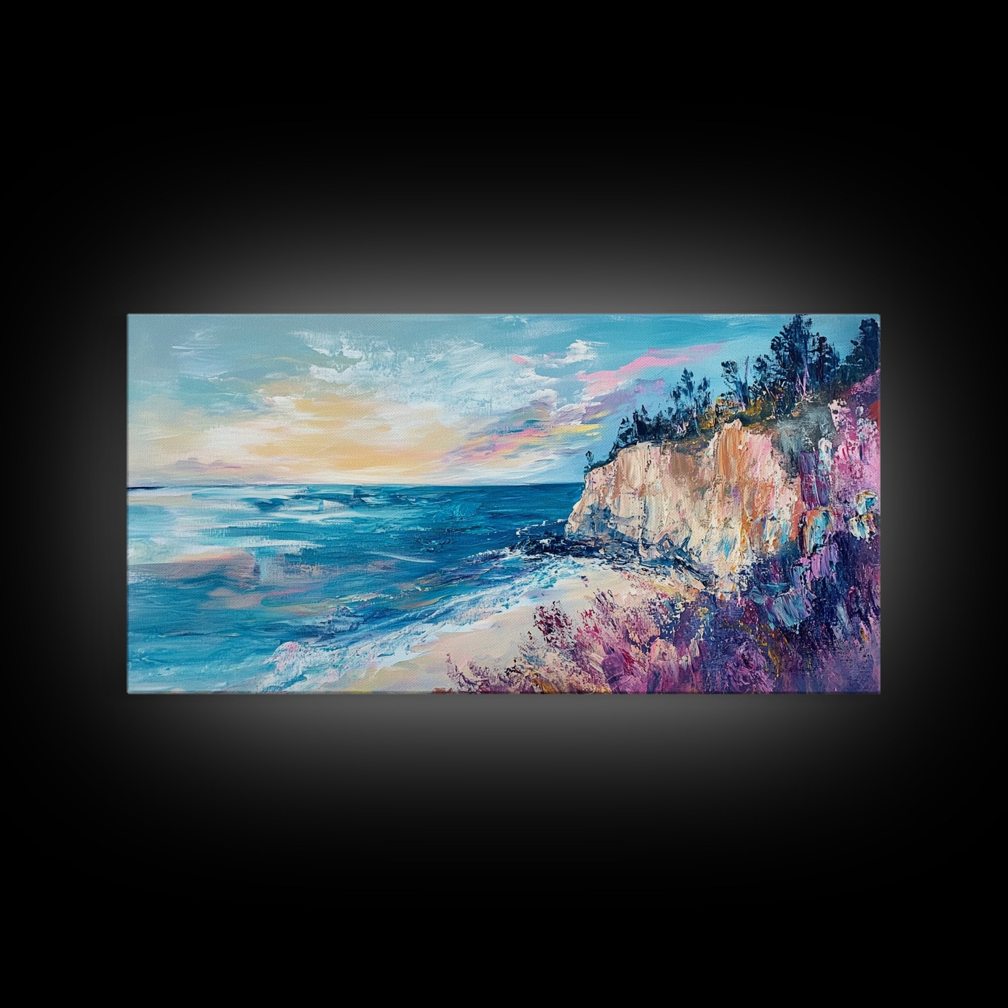 Coastal Cliffs, Sunset Ocean View, Seascape Wall Art, Coastal Landscape Art, Nautical Decor, Framed Canvas Print, Extra Wide Art