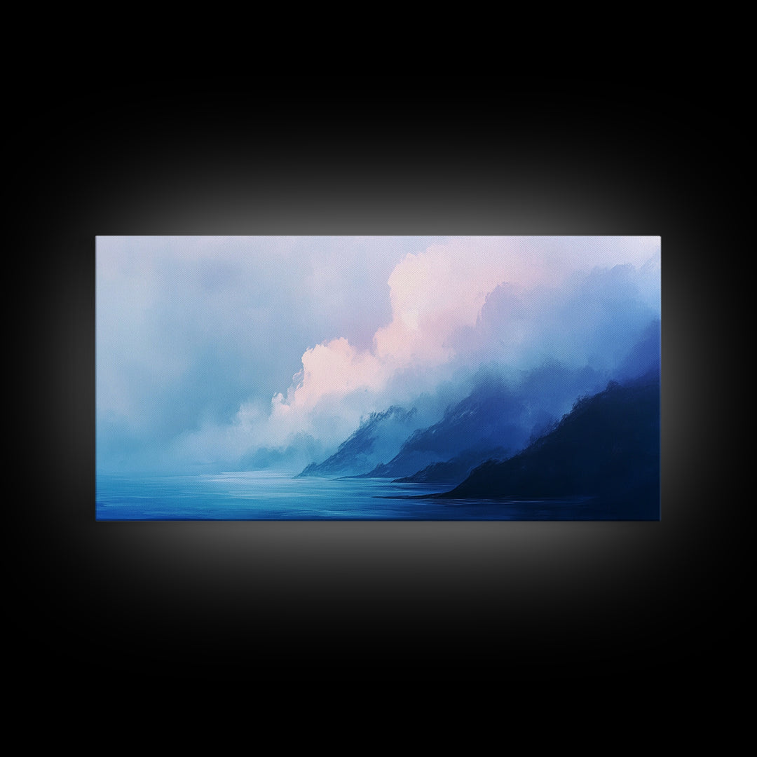Blue Mountain Mist, Moody Landscape, Coastal Landscape Art, Minimalist Art, Extra Wide Art, Framed Canvas Print, Living Room Art