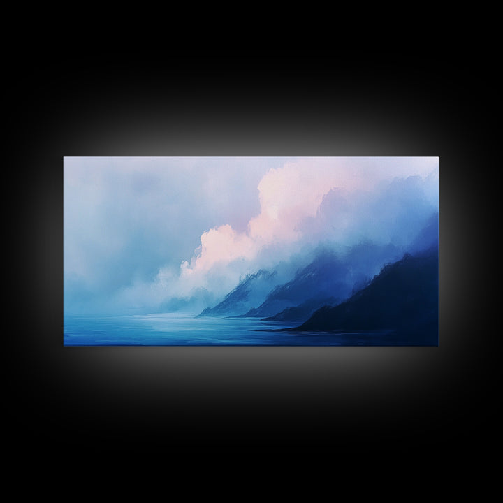 Blue Mountain Mist, Moody Landscape, Coastal Landscape Art, Minimalist Art, Extra Wide Art, Framed Canvas Print, Living Room Art