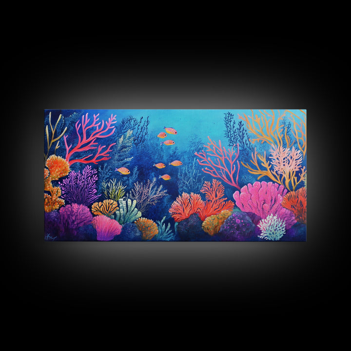 Coral Reef, ocean painting, whimsical art, koi fish painting, marine life art, vibrant wall art, coastal decor, Framed Canvas Print