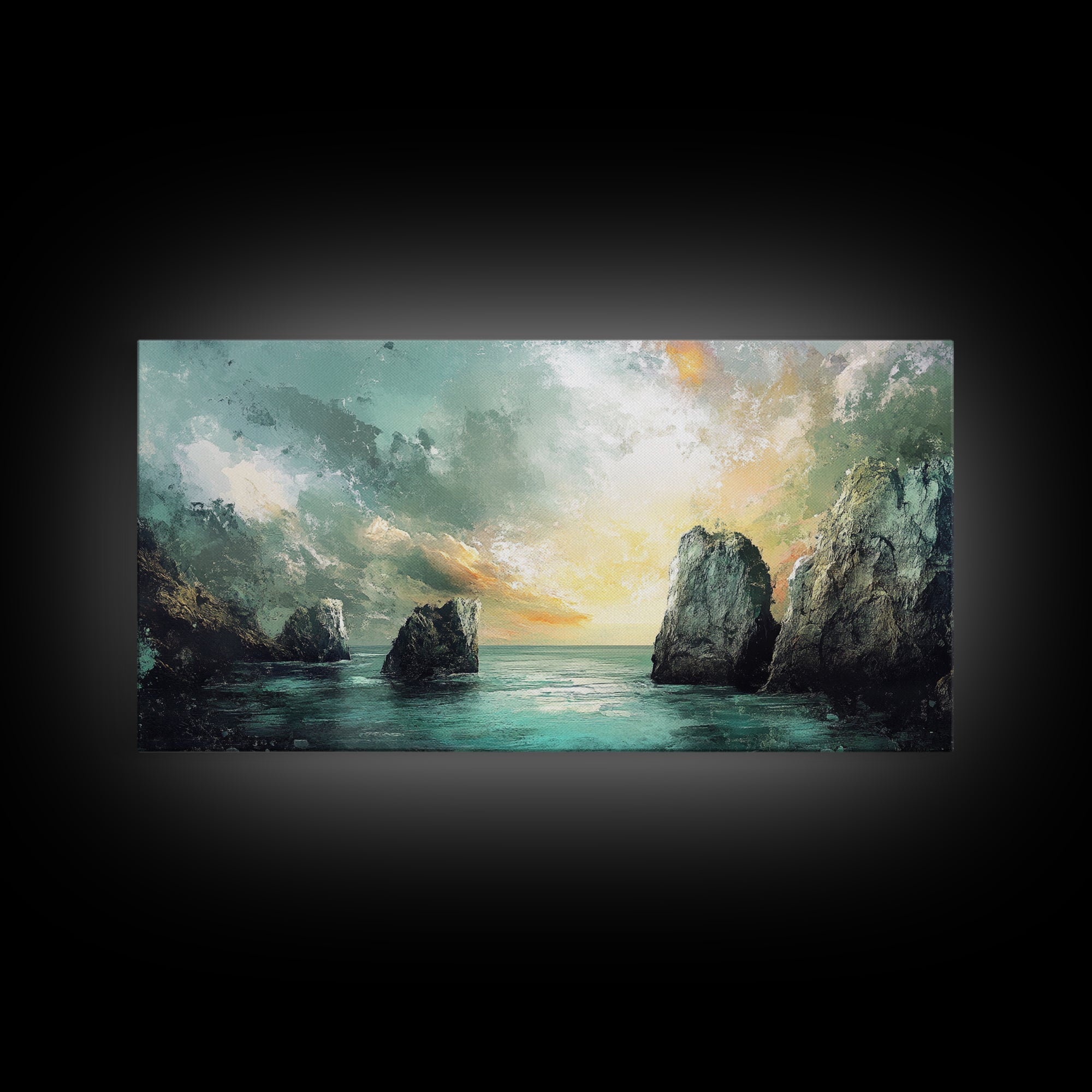 Ocean Cliffs, landscape painting, nautical wall art, moody art, wabi sabi art, extra wide art, textured art, Framed Canvas Print
