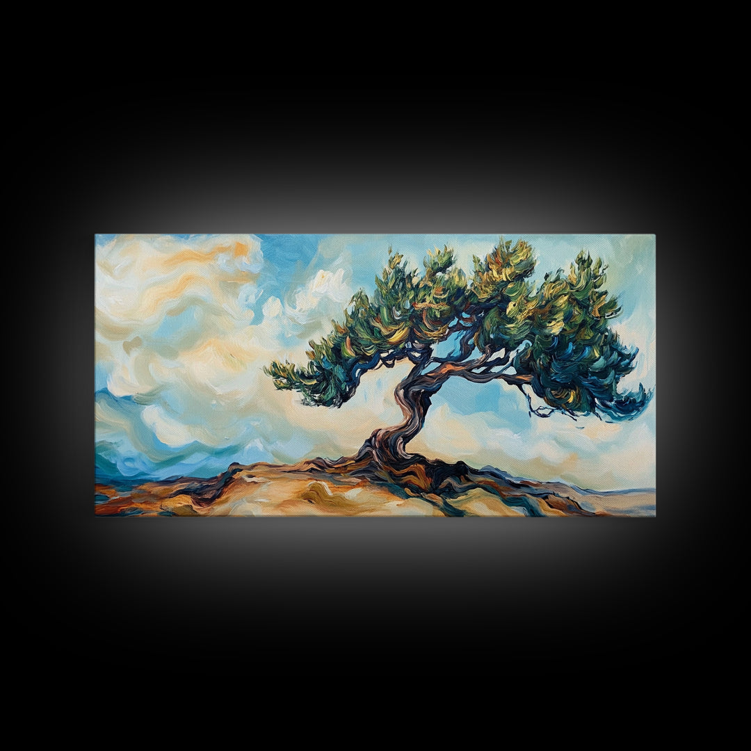 Oak Tree Art, Landscape Painting, Windy Tree Art, Wabi Sabi Art, Rustic Wall Art, Nature Wall Art, Living Room Art, Framed Canvas Print