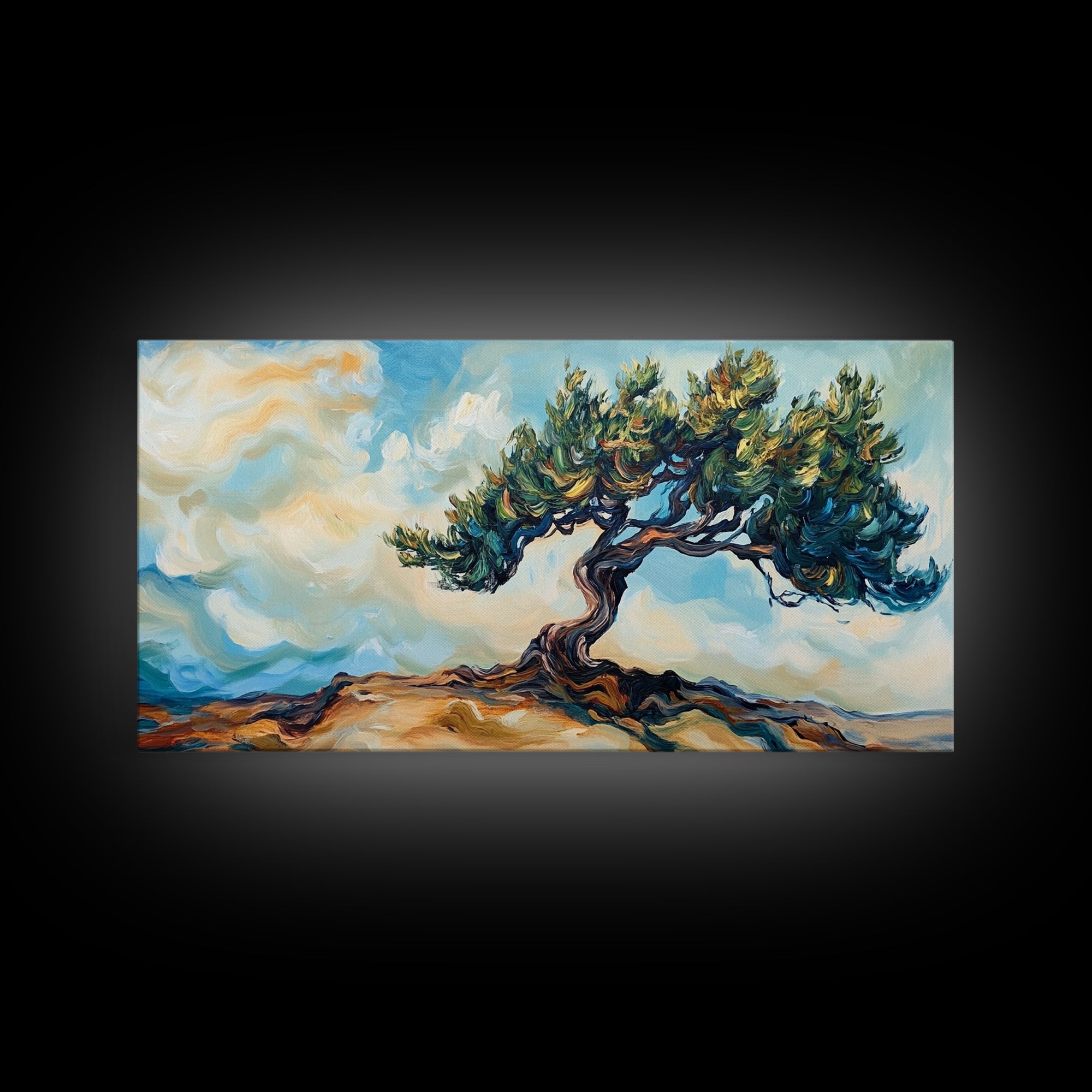 Oak Tree Art, Landscape Painting, Windy Tree Art, Wabi Sabi Art, Rustic Wall Art, Nature Wall Art, Living Room Art, Framed Canvas Print