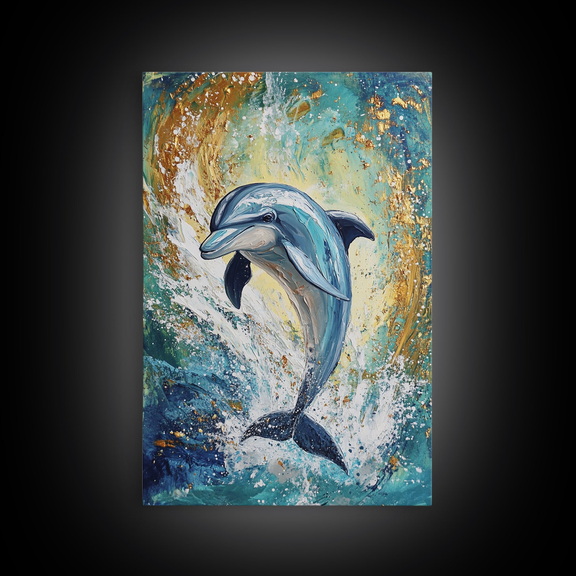 Dolphin, ocean painting, coastal wall art, nautical painting, framed canvas print, blue and green wall art, sea life decor