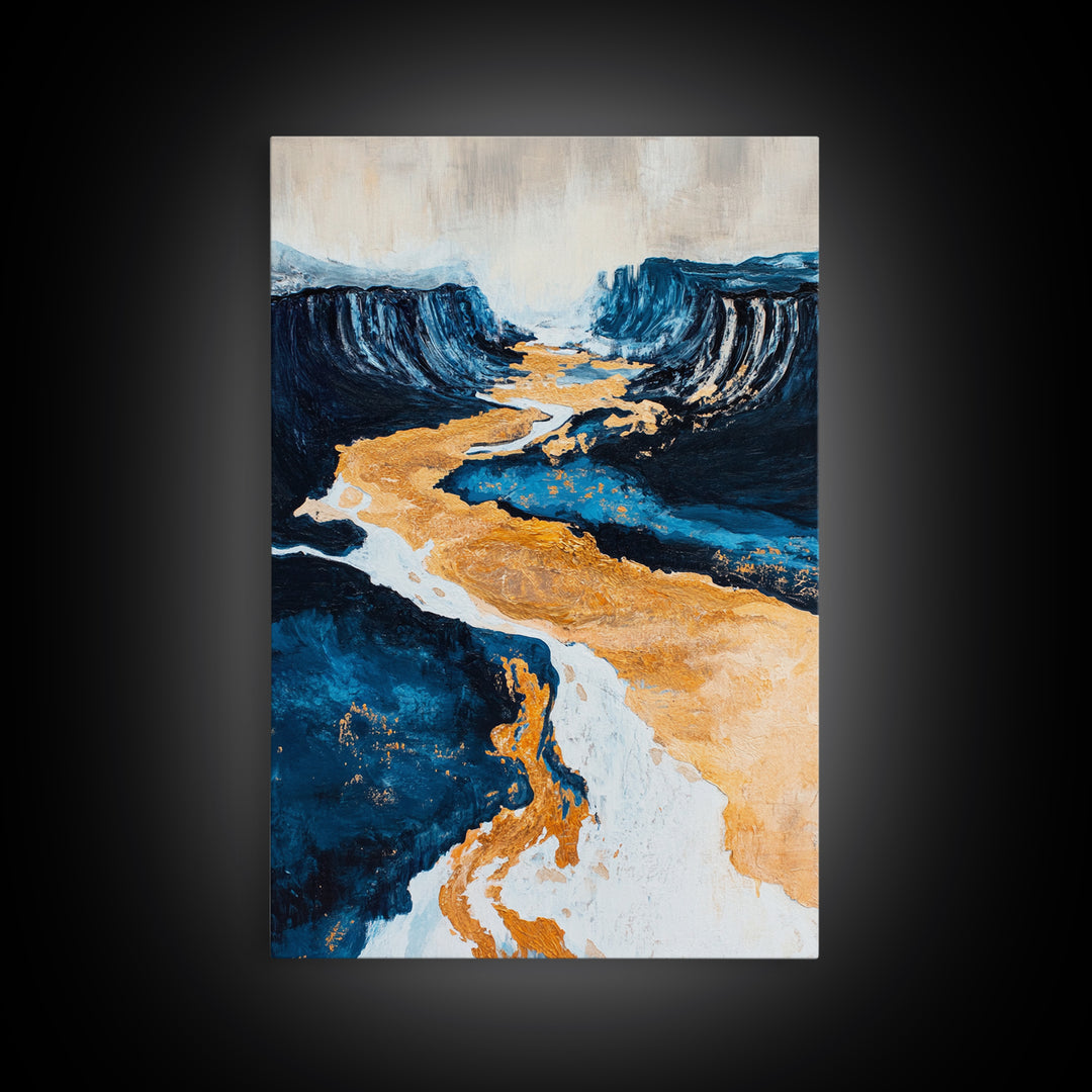 River, landscape painting, panoramic painting, wabi sabi art, framed canvas print, extra wide art, moody art, gold abstract art