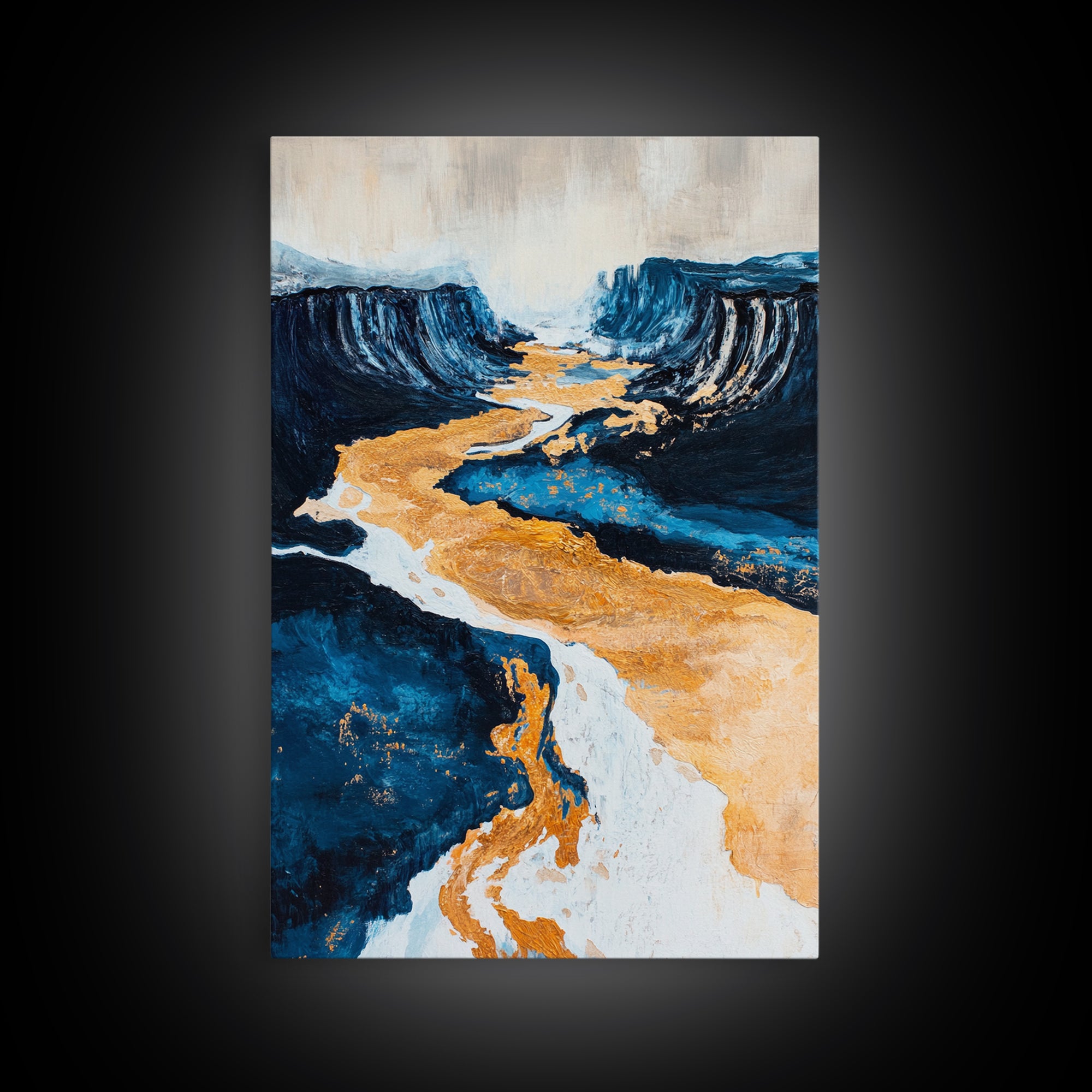 River, landscape painting, panoramic painting, wabi sabi art, framed canvas print, extra wide art, moody art, gold abstract art