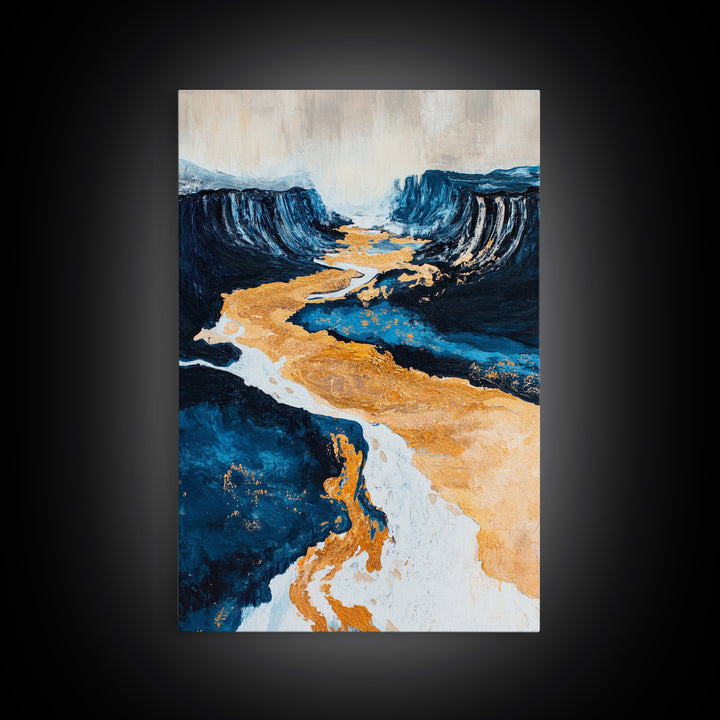 River, landscape painting, panoramic painting, wabi sabi art, framed canvas print, extra wide art, moody art, gold abstract art